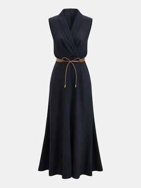 Commense Navy Sleeveless Wrap Maxi Dress with Tan Belt